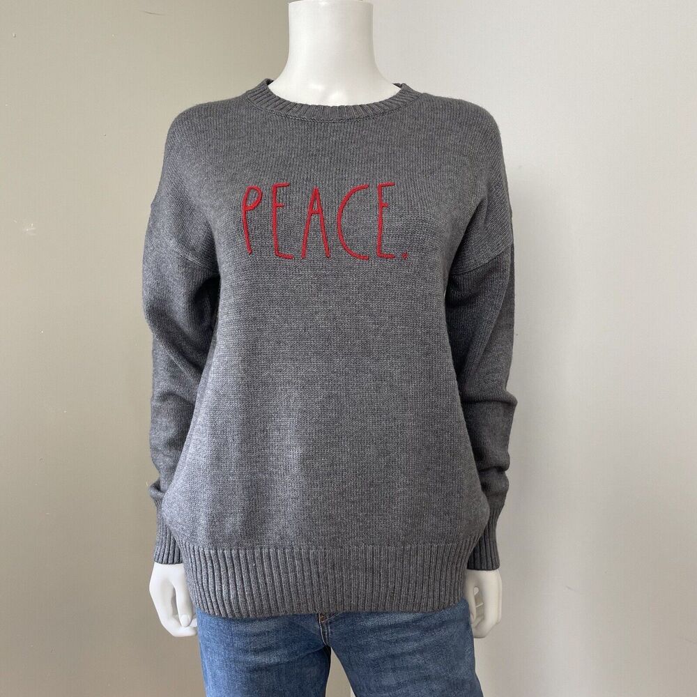 Rae Dunn Gray Sweater with Red 'PEACE' Embroidery